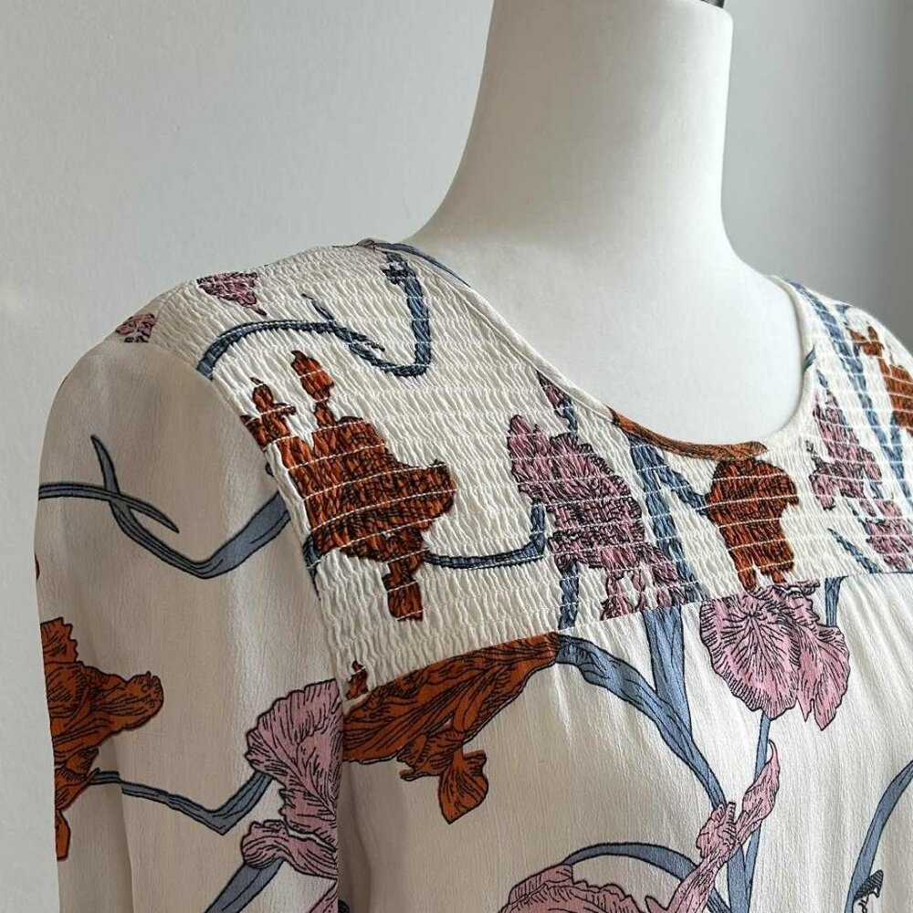 Kaffe Floral Blouse With Smocked Bodice & High-Low Sleeves – EU 38 (US 8)